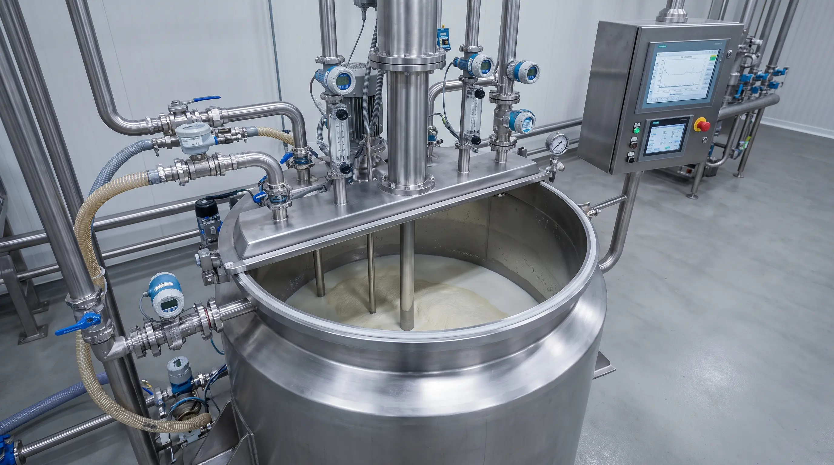 Industrial mixing vessel with dosing lines and sensors controlling a fixed production batch.