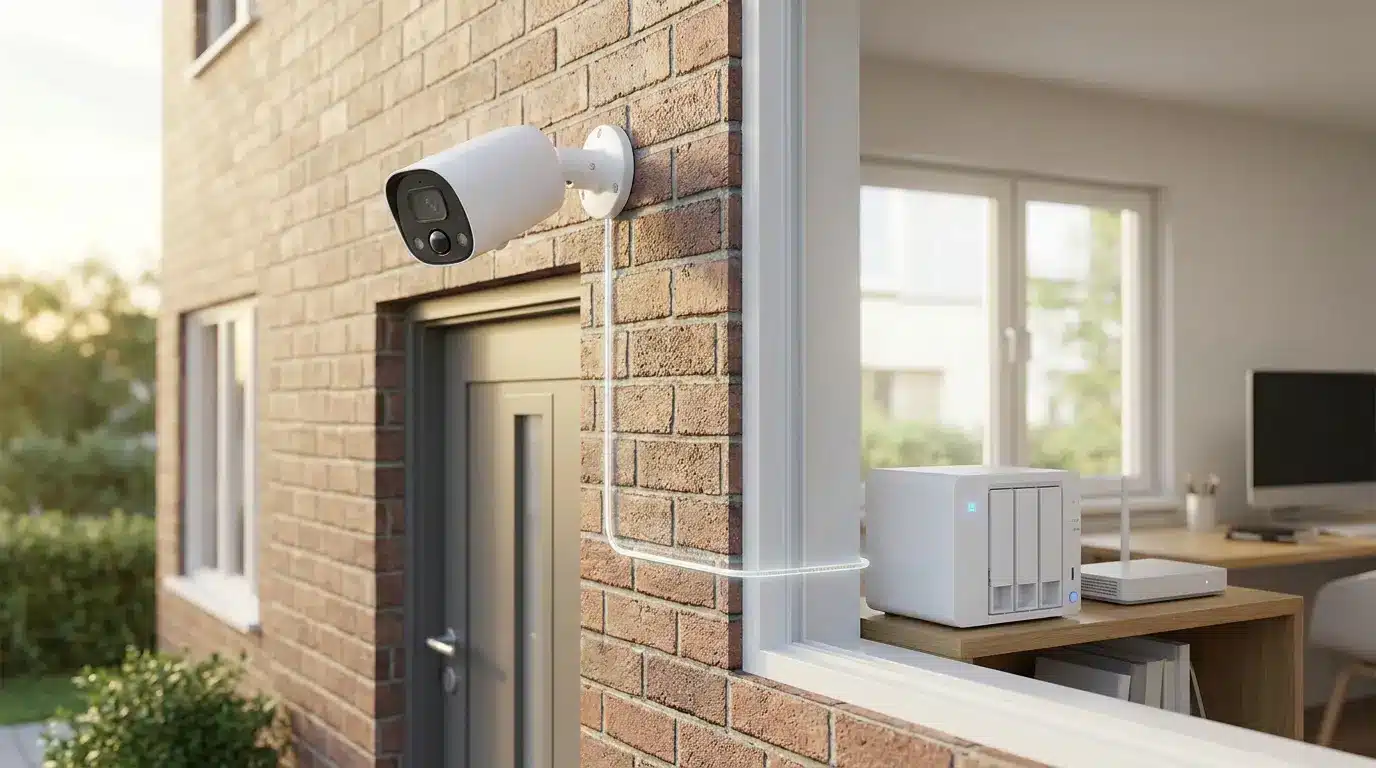 security camera mounted on a home wall with local storage device shown inside the house