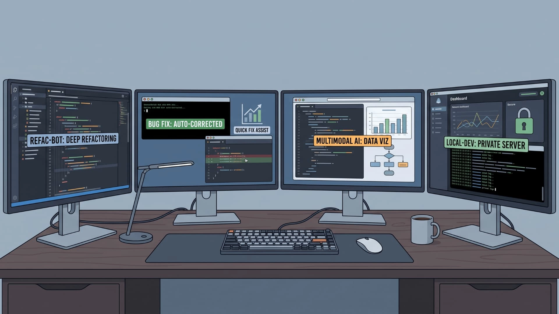 Developer workstation showing AI coding tools for debugging, refactoring, data work, and local development.