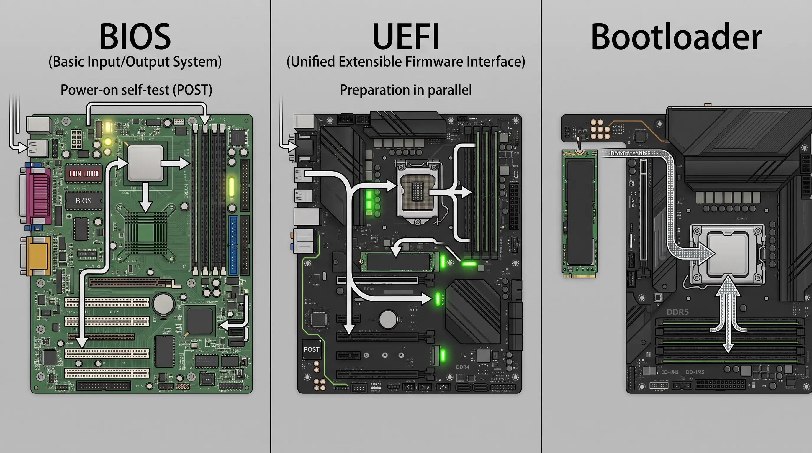 Hardware comparison showing BIOS and UEFI preparing a computer before the bootloader starts the operating system.