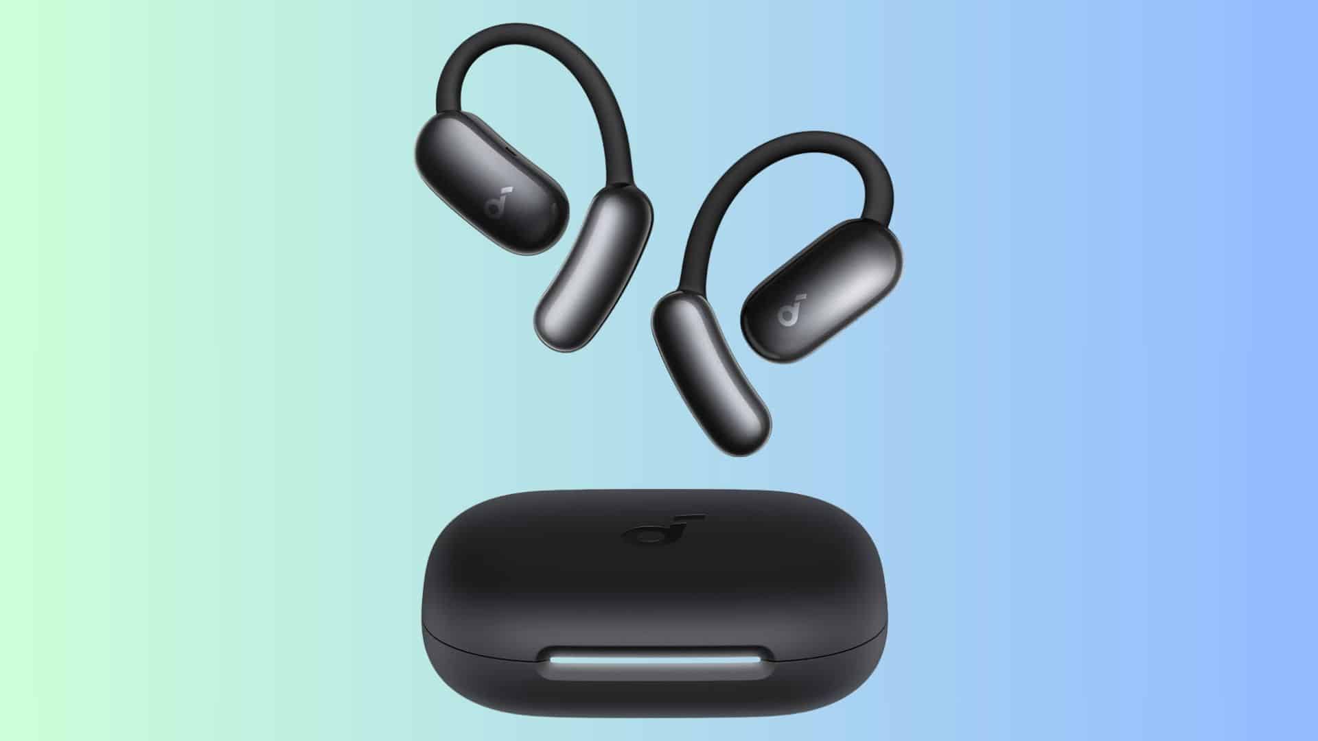 Black Soundcore AeroFit 2 open-ear translation earbuds shown above their charging case on a blue-green gradient background.