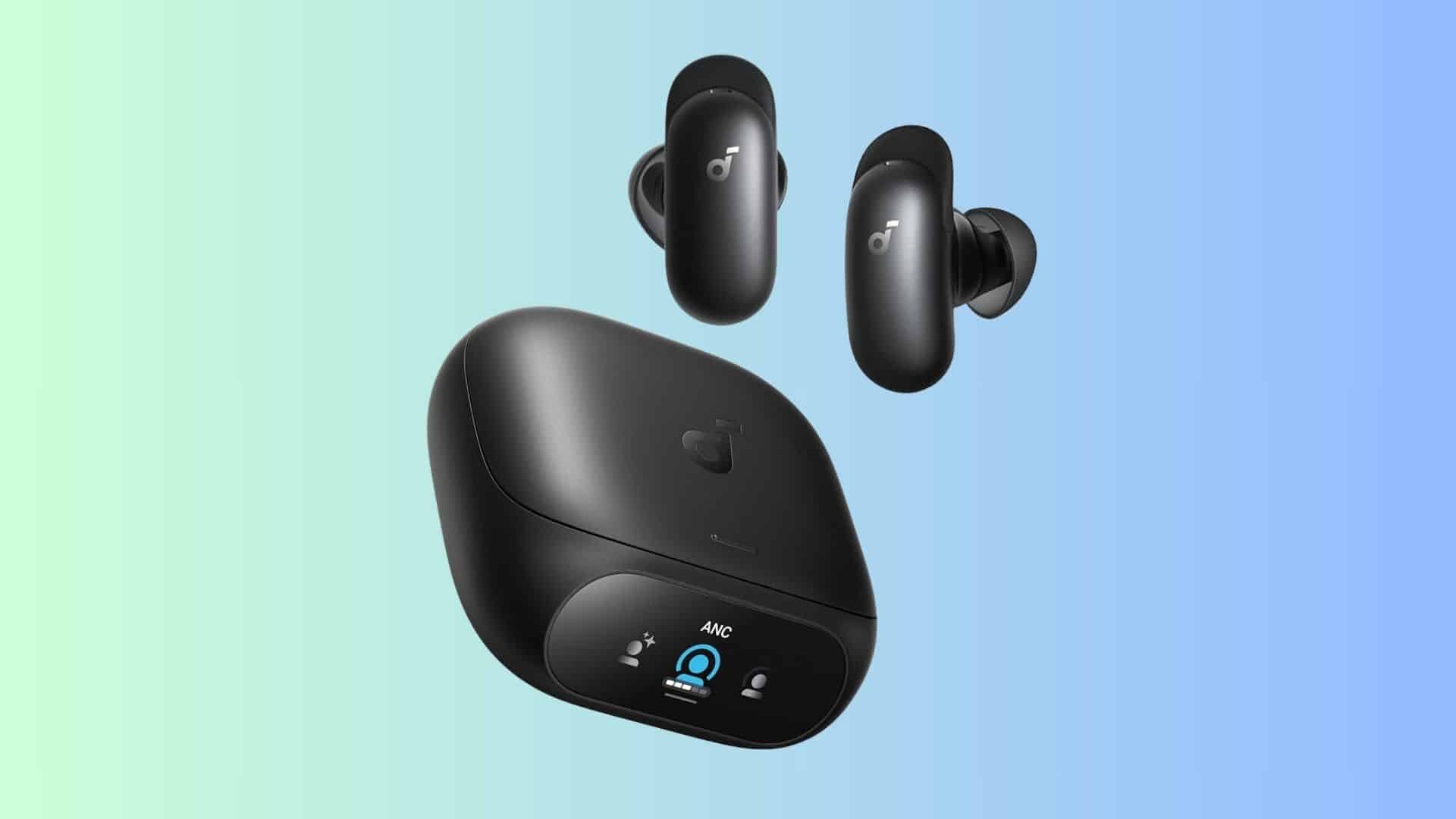 Black Soundcore Liberty 5 Pro Max earbuds shown above a smart charging case with a small display.