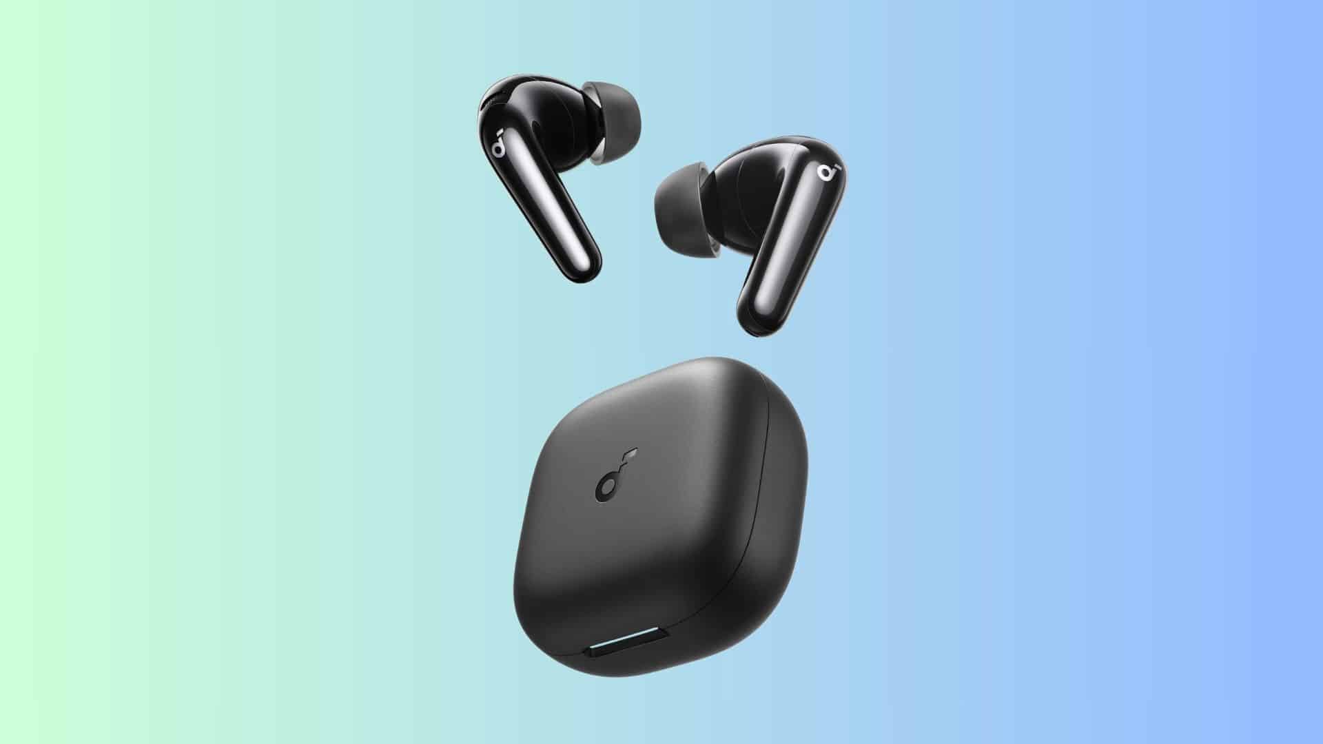 Black Soundcore P31i wireless translation earbuds shown above their charging case on a soft blue-green gradient background.