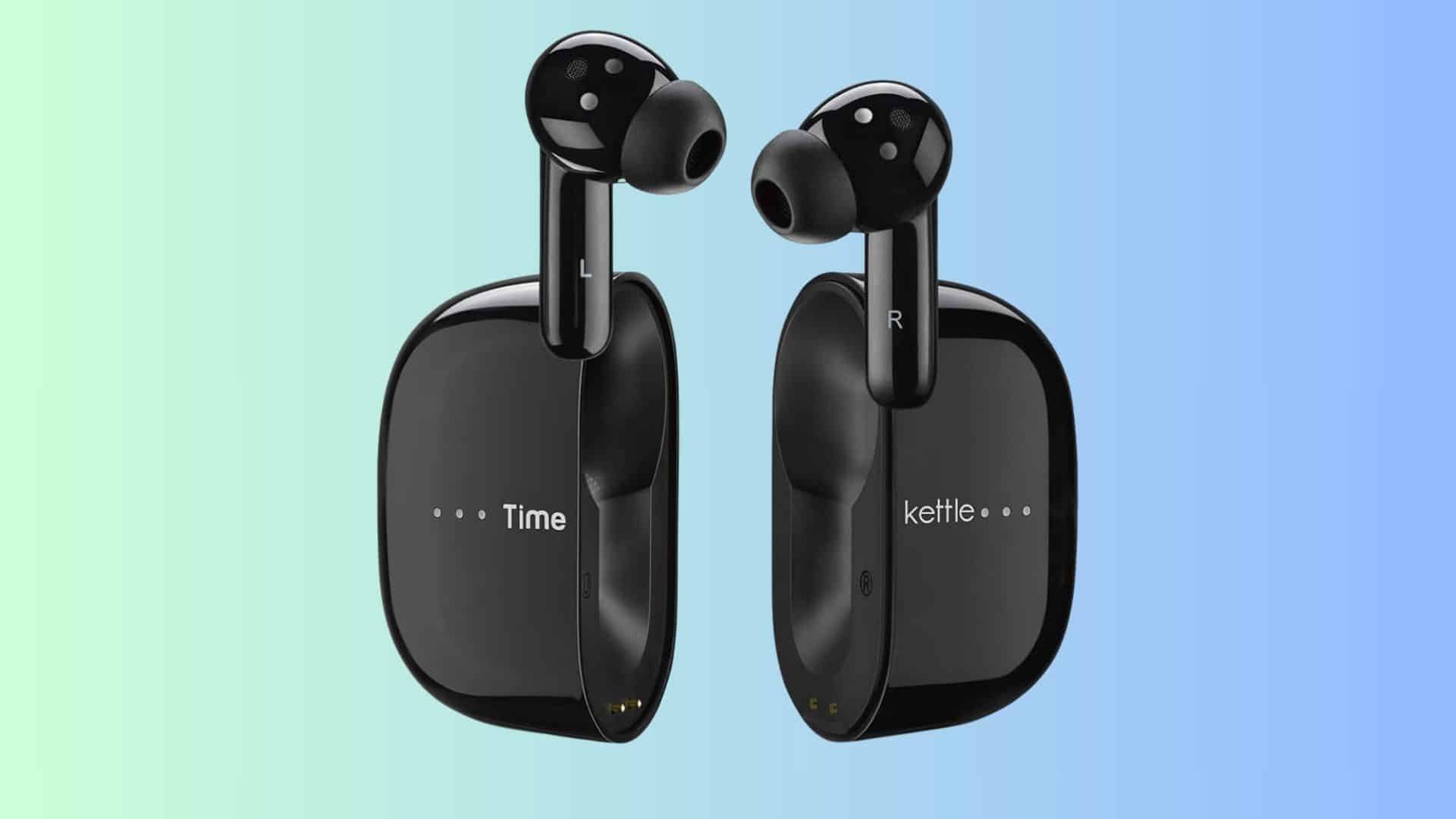Black Timekettle M3 translation earbuds shown above their charging cases on a soft blue-green gradient background.