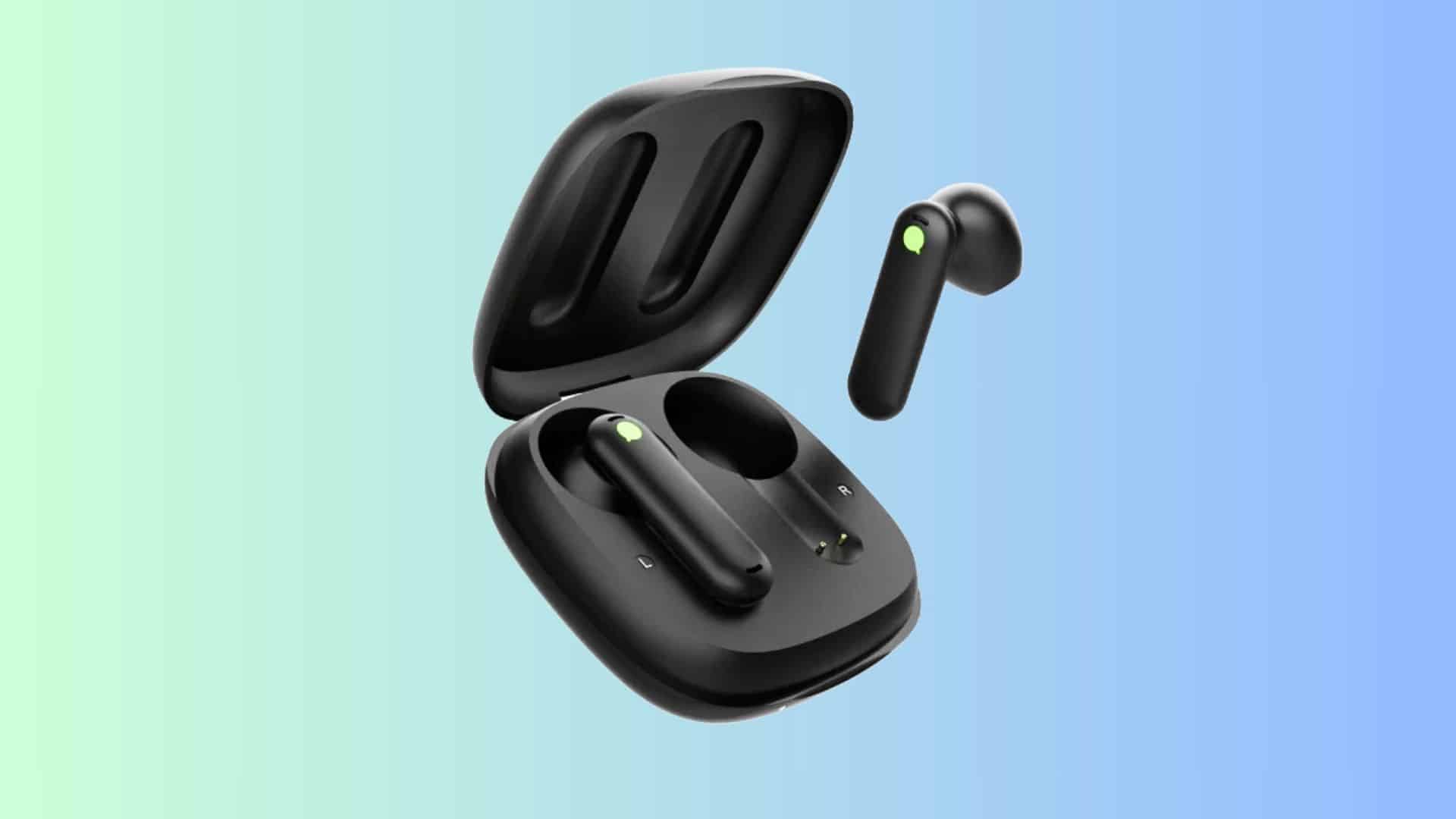 Black wireless translation earbuds shown with an open charging case against a blue-green gradient background.