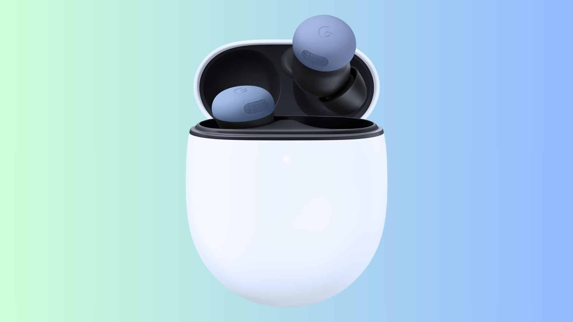 Blue Google Pixel Buds shown inside an open white charging case against a soft blue-green gradient background.