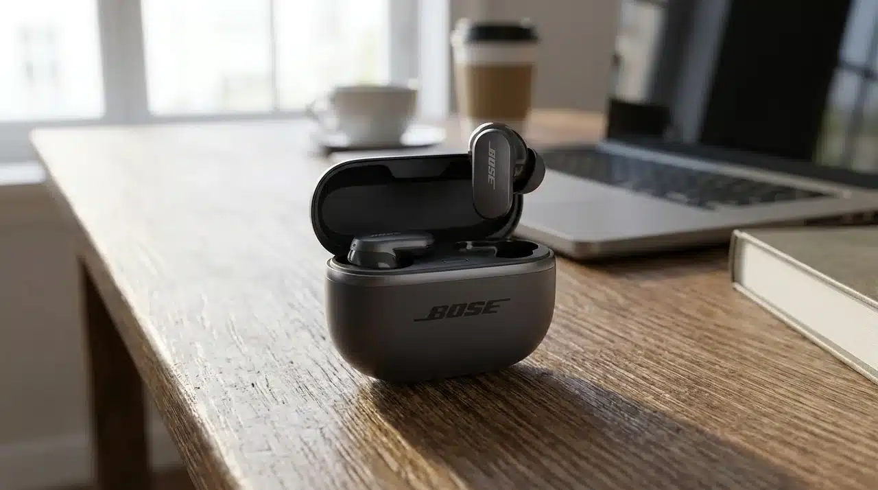 Bose QuietComfort Ultra earbuds in an open charging case on a wooden desk beside a laptop and book.