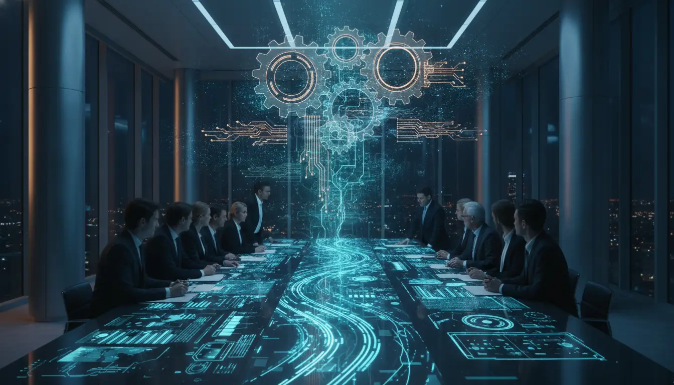Professionals in a dimly lit office discussing data on a large holographic display