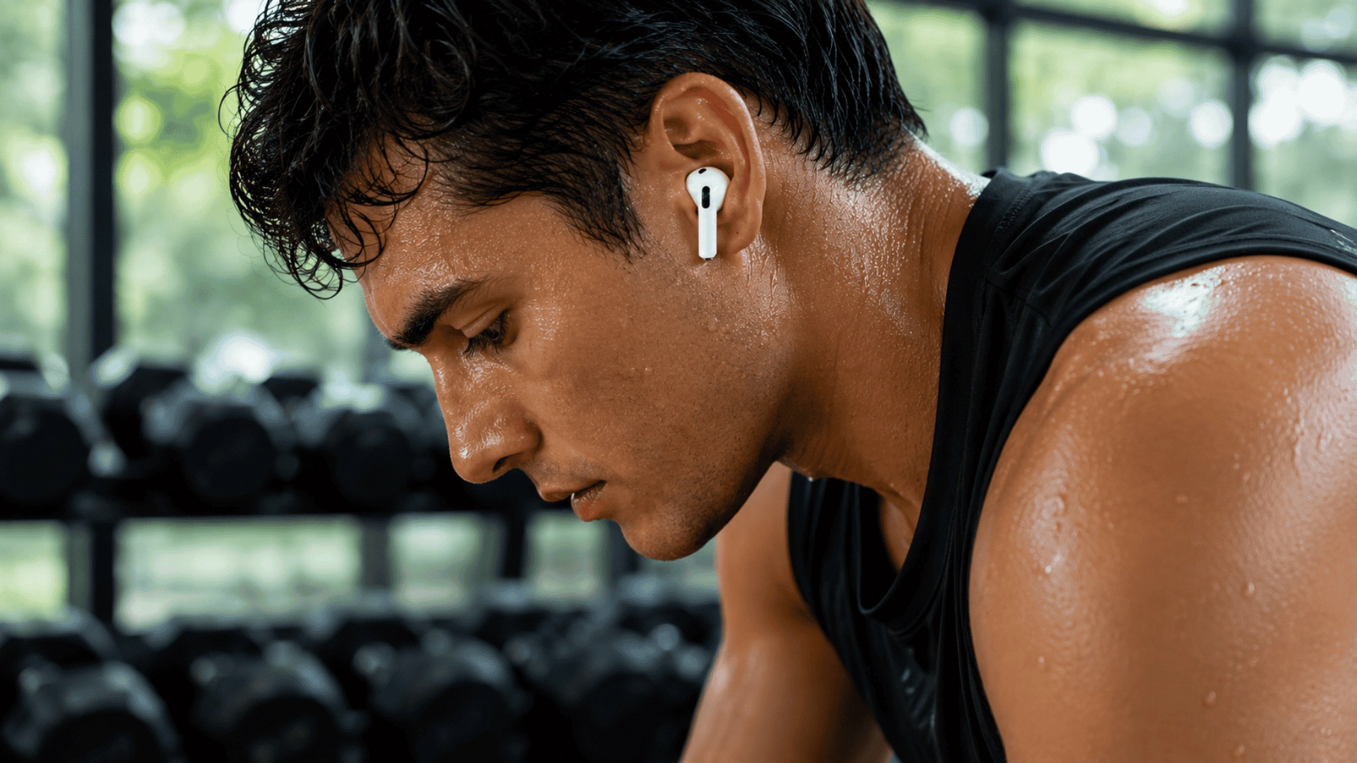 Man wearing AirPods Pro during a gym workout.