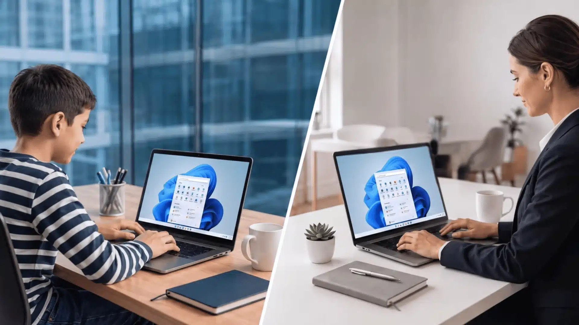 Child and office professional using Windows 11 laptops in separate workspaces