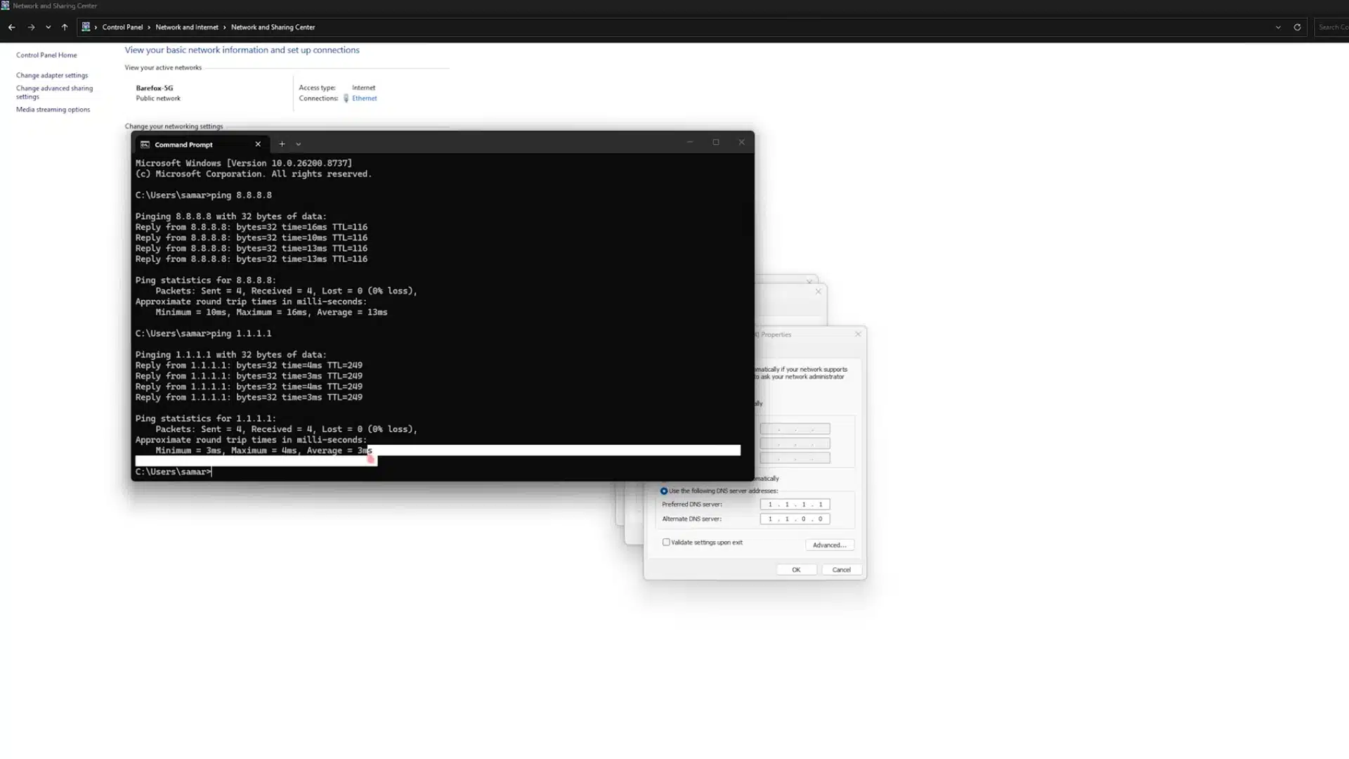 Command Prompt ping test comparing DNS servers before updating IPv4 DNS settings