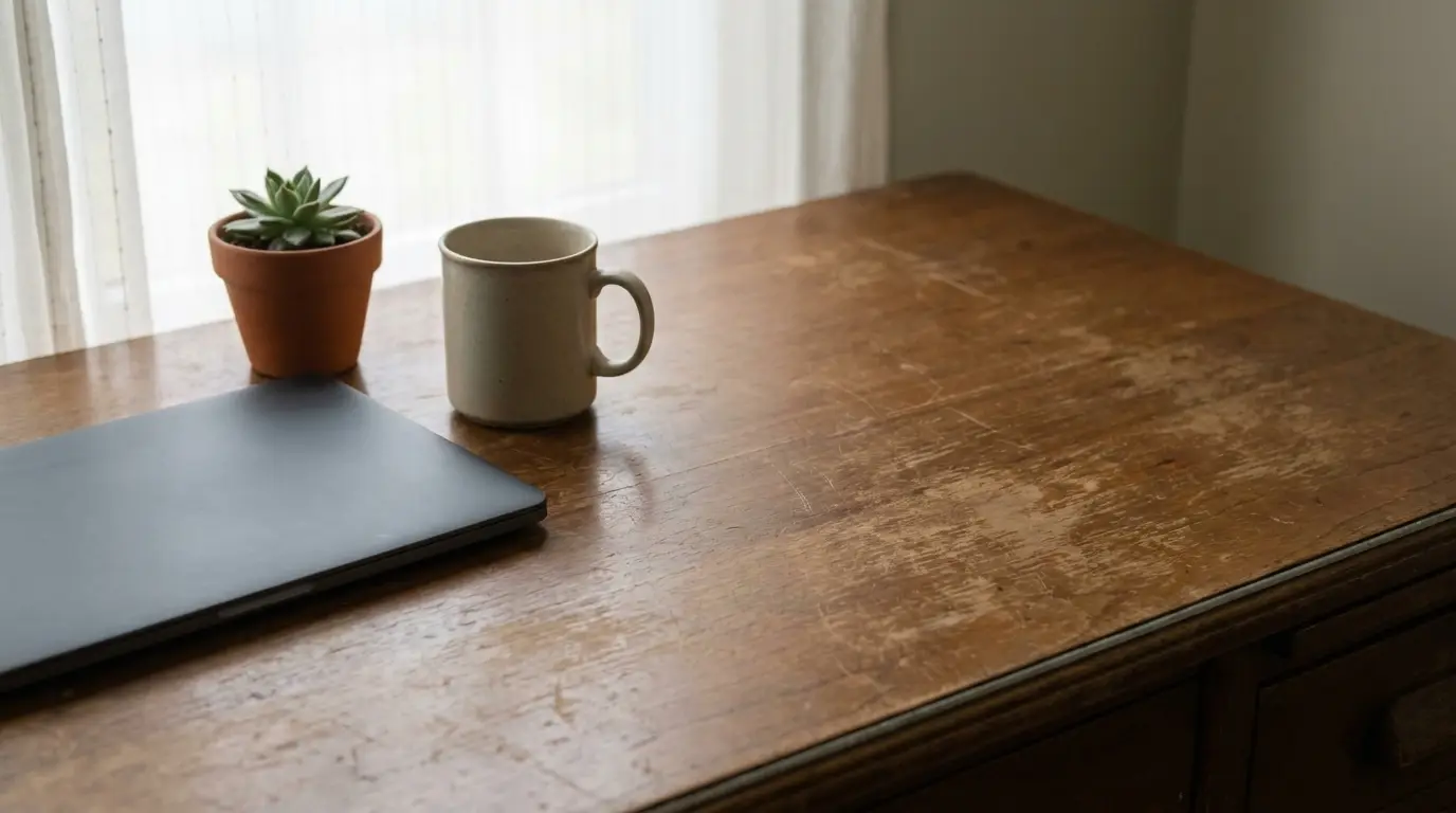 Laptop, mug, and potted succulent on rustic wooden desk near window with sheer curtains