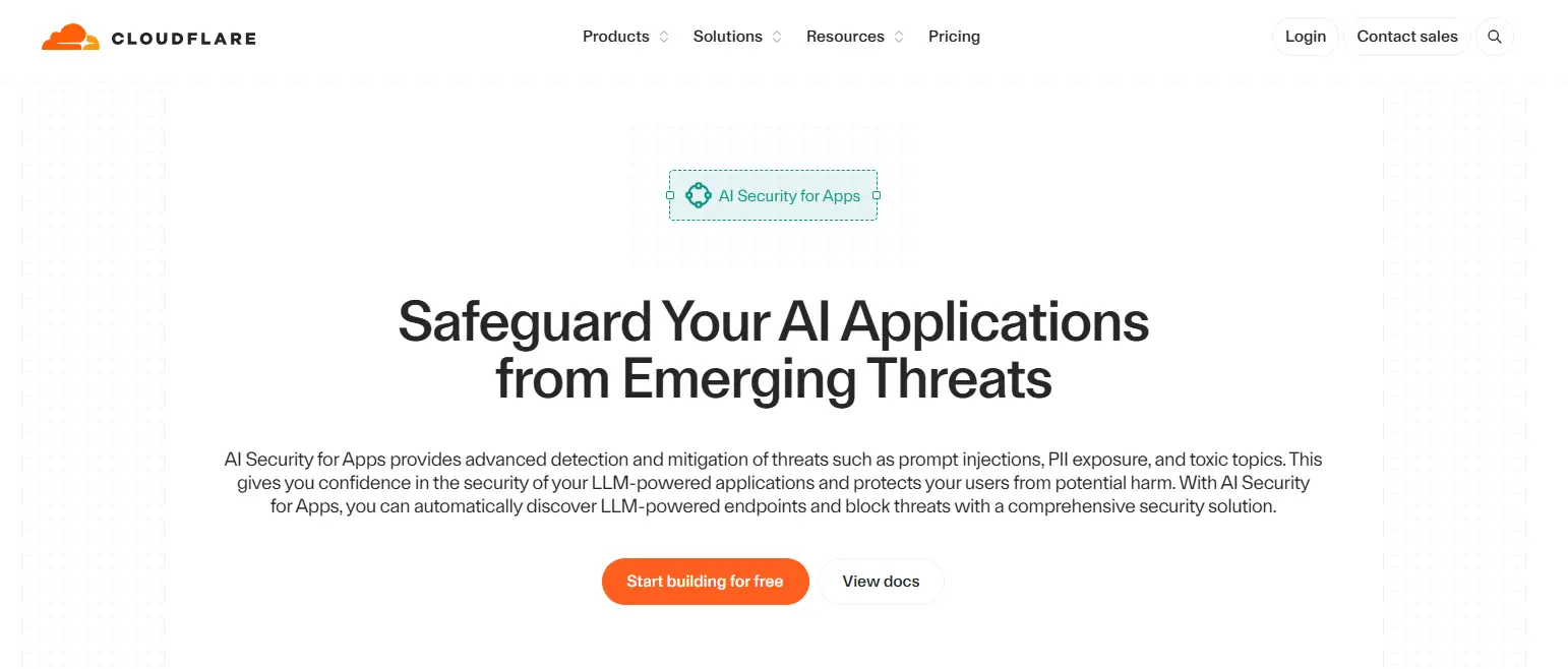 Cloudflare webpage with text promoting AI security solutions and buttons for building and documentation