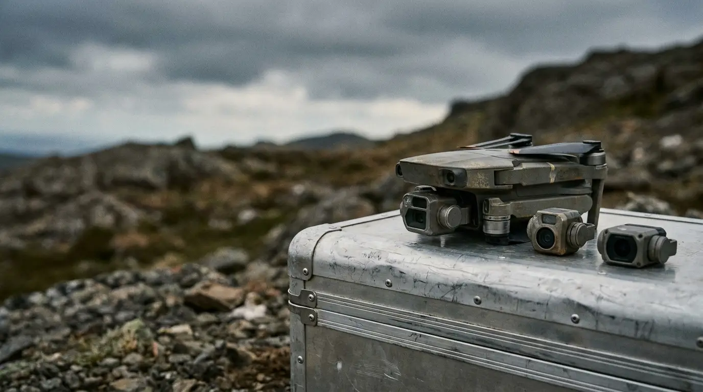 Drone and camera equipment on metal case in rocky outdoor landscape under cloudy sky