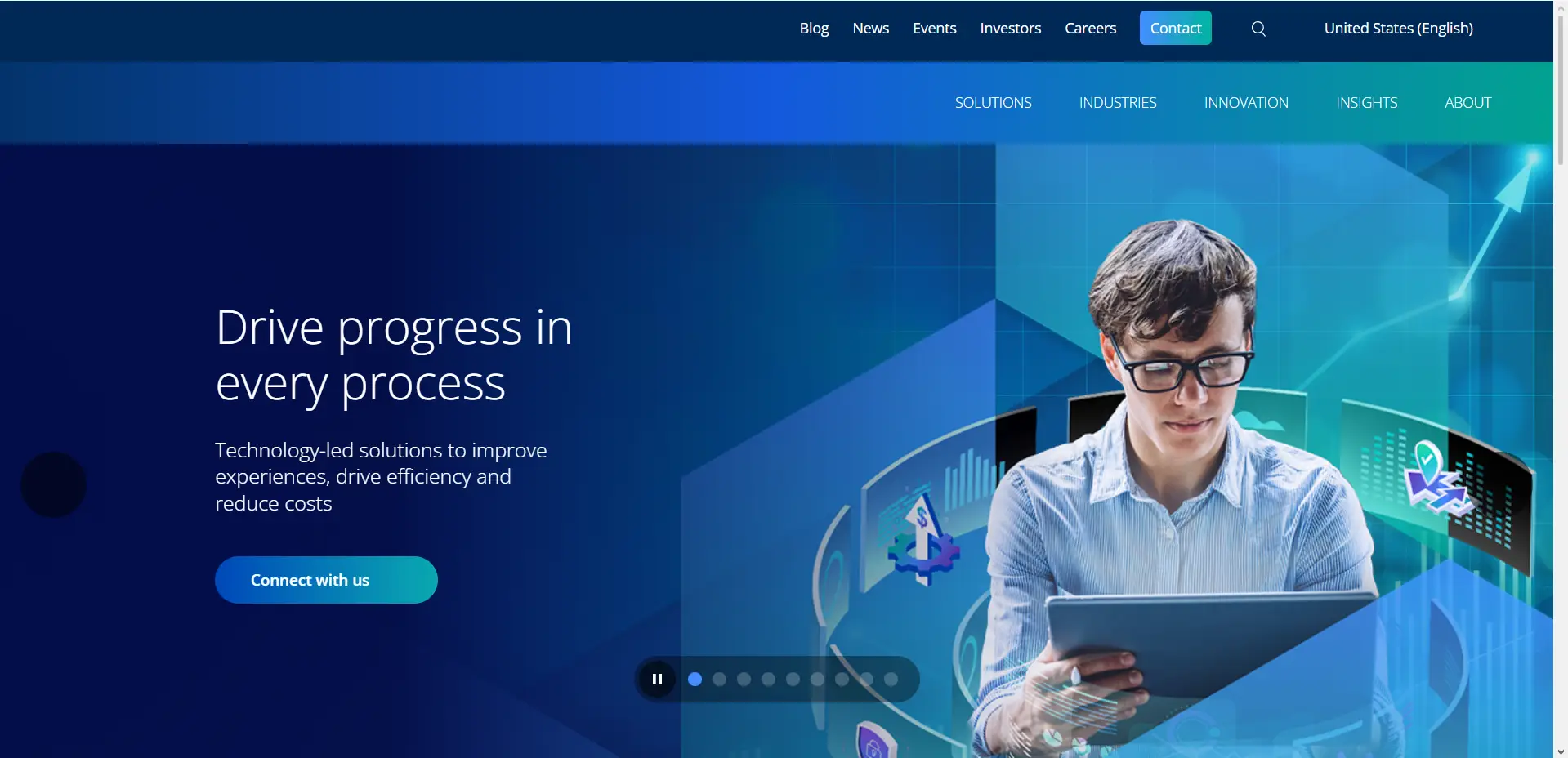 Person using tablet with digital graphs and icons in blue-toned tech-themed background