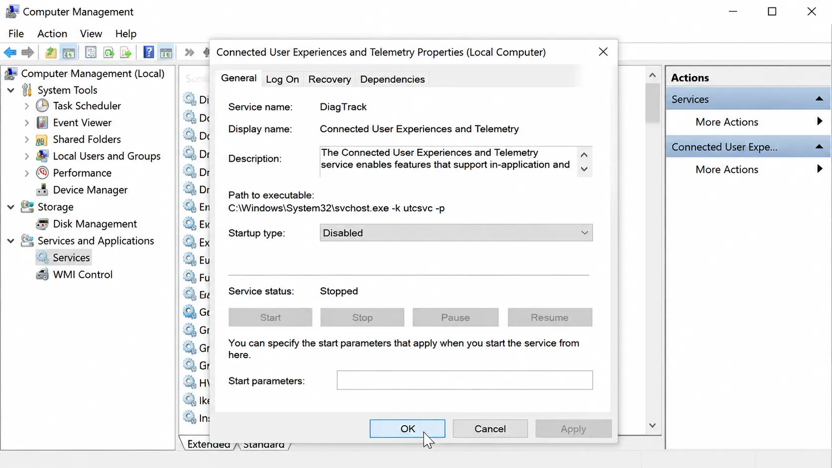 Connected User Experiences and Telemetry properties window showing the DiagTrack service disabled and stopped