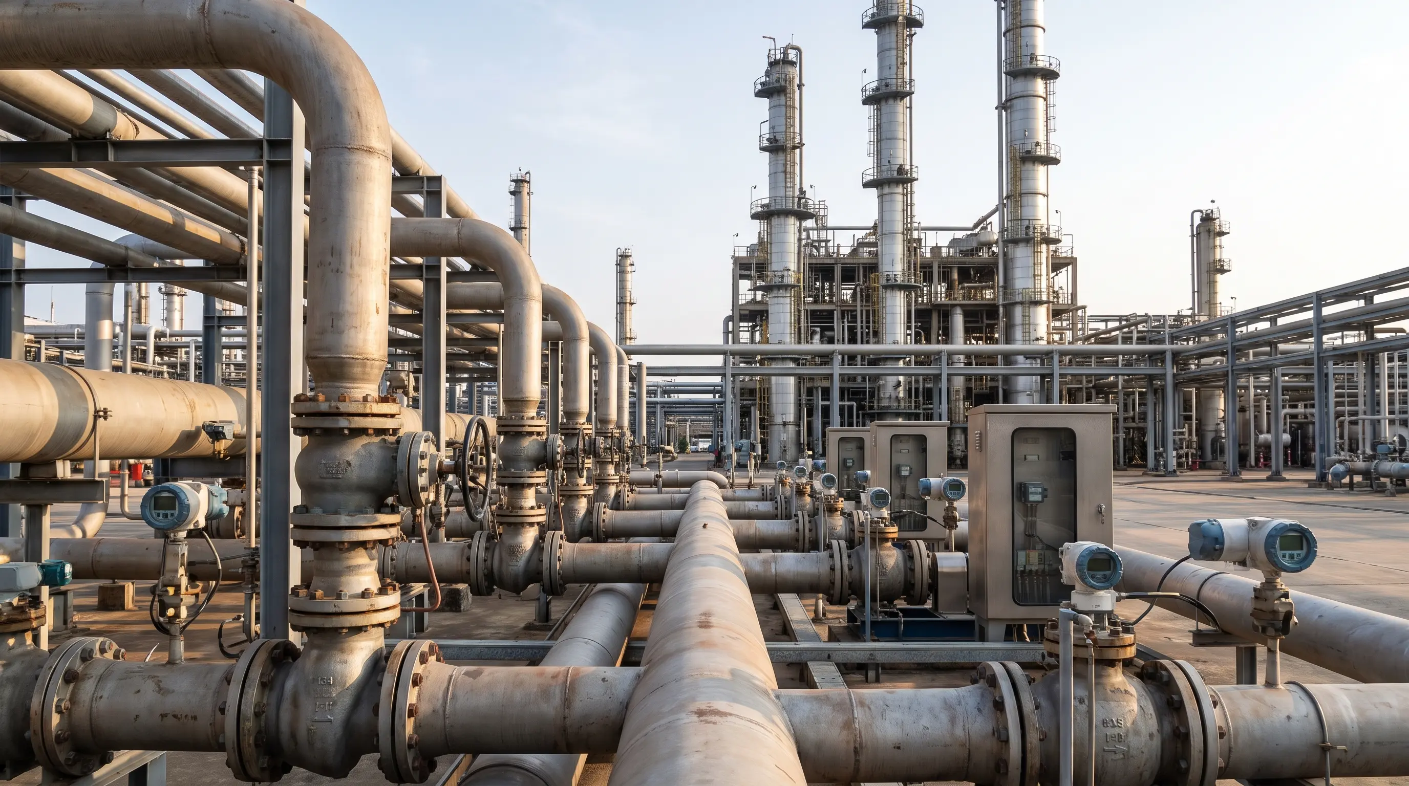 Refinery pipelines, sensors, valves, and distillation columns operating in a continuous process.