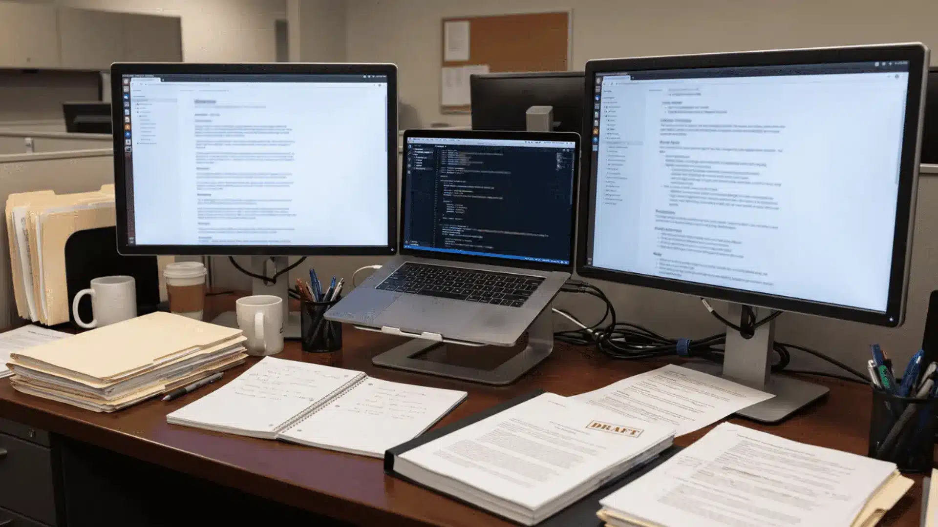 Corporate AI workstation with separate research, writing, document, and coding work areas