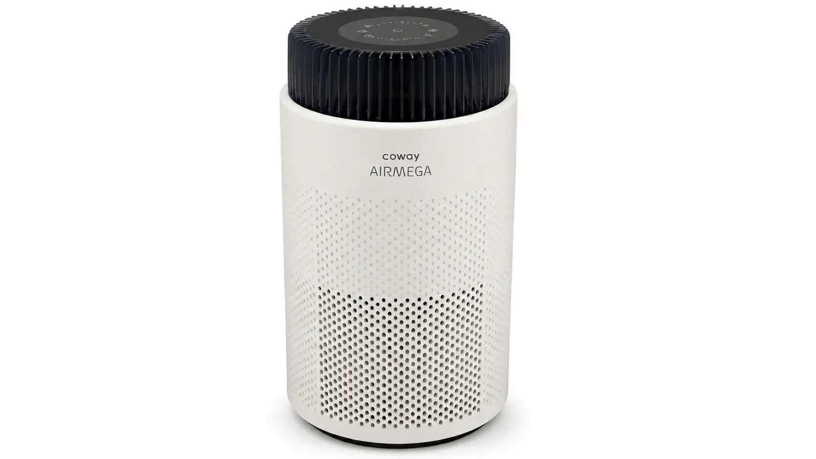 coway airmega 100 air purifier with cylindrical design and perforated white body on a clean background.