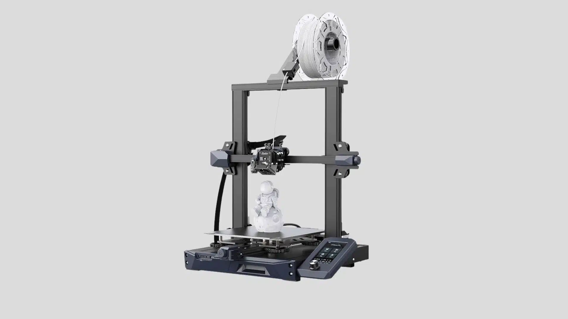 Creality Ender-3 S1 Pro 3D printer with filament spool, touchscreen, and astronaut model on the print bed