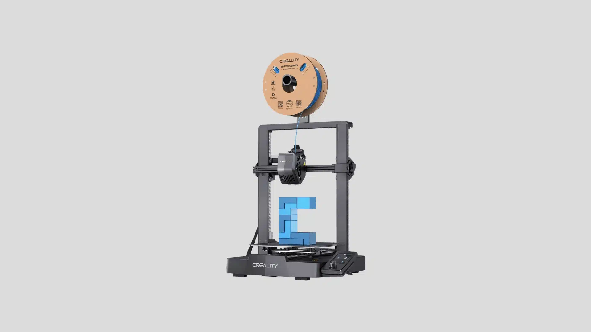 Creality Ender-3 V3 SE 3D printer with filament spool and blue model on the print bed