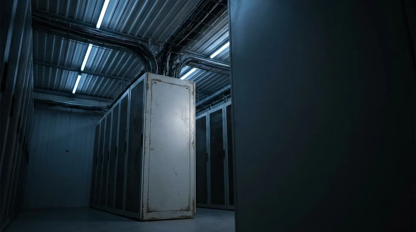 Server racks in a dimly lit data center with exposed ceiling cables