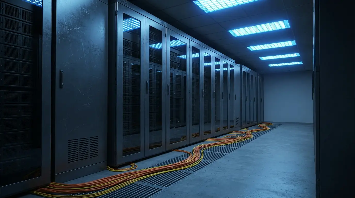 Server room with metal racks and colorful cables under cool blue lighting