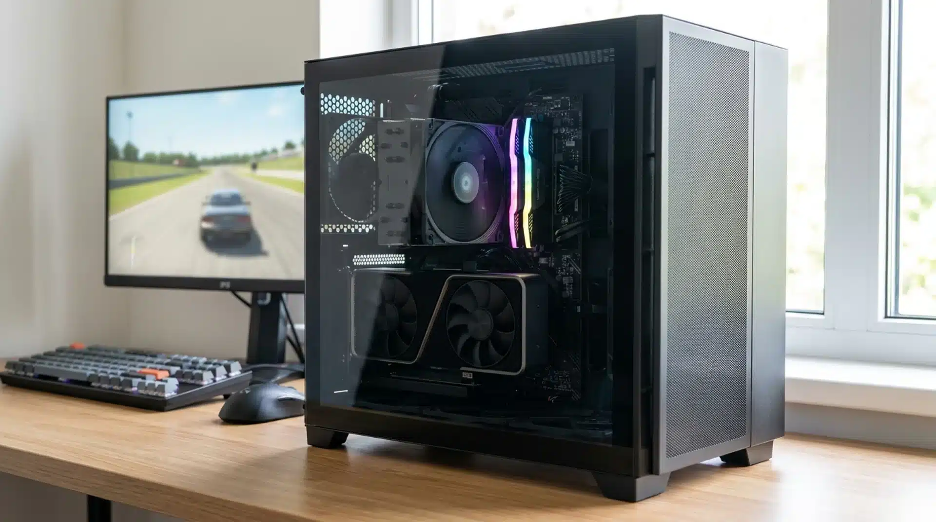 DDR5 RAM installed in a gaming PC with a game running on the monitor.