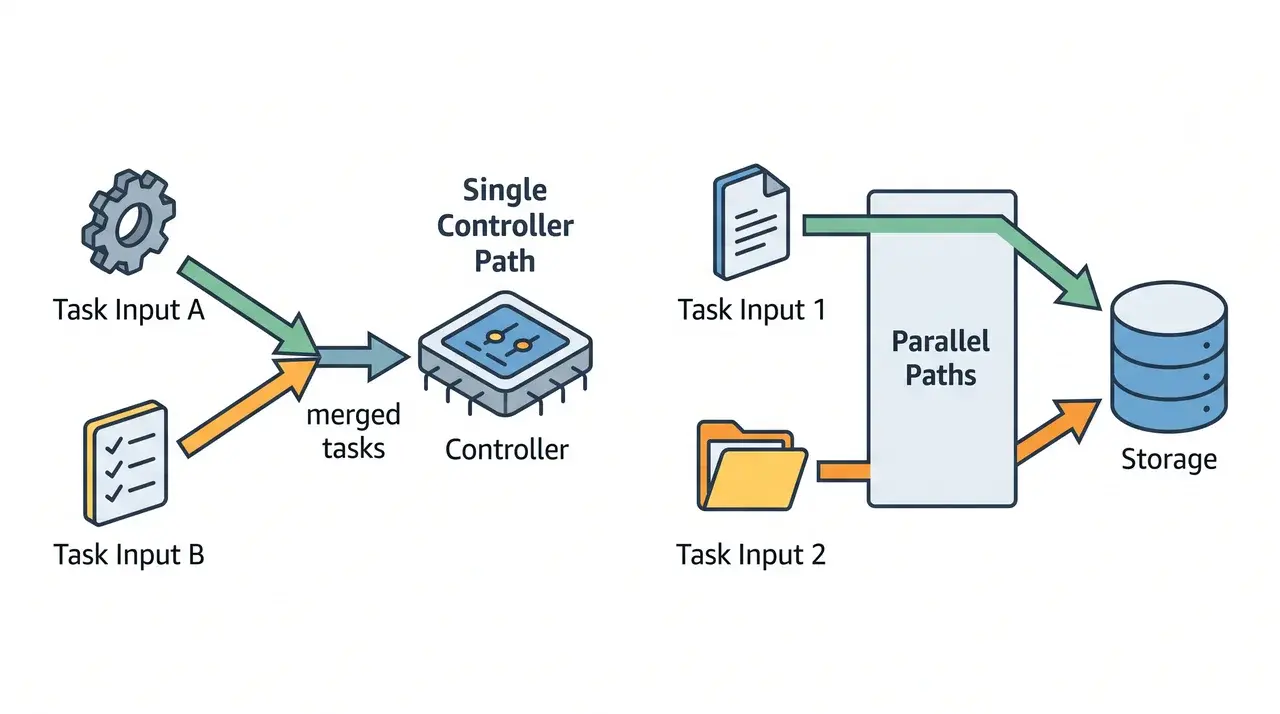 Diagram comparing two tasks sharing one processing path versus two parallel paths