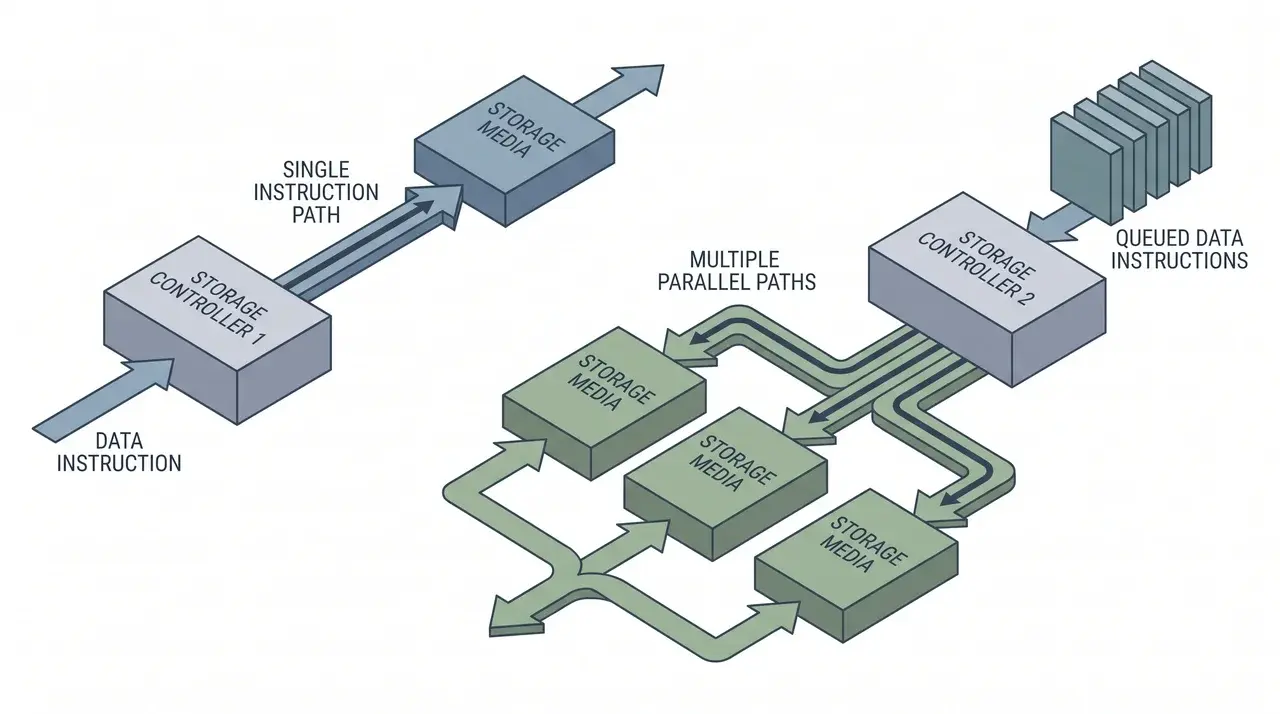Diagram of one controller path handling a single instruction versus multiple queued paths