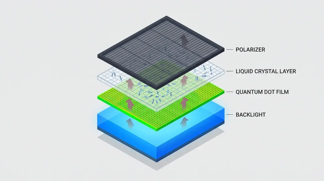 Diagram of stacked TV panel layers including backlight and quantum dot film