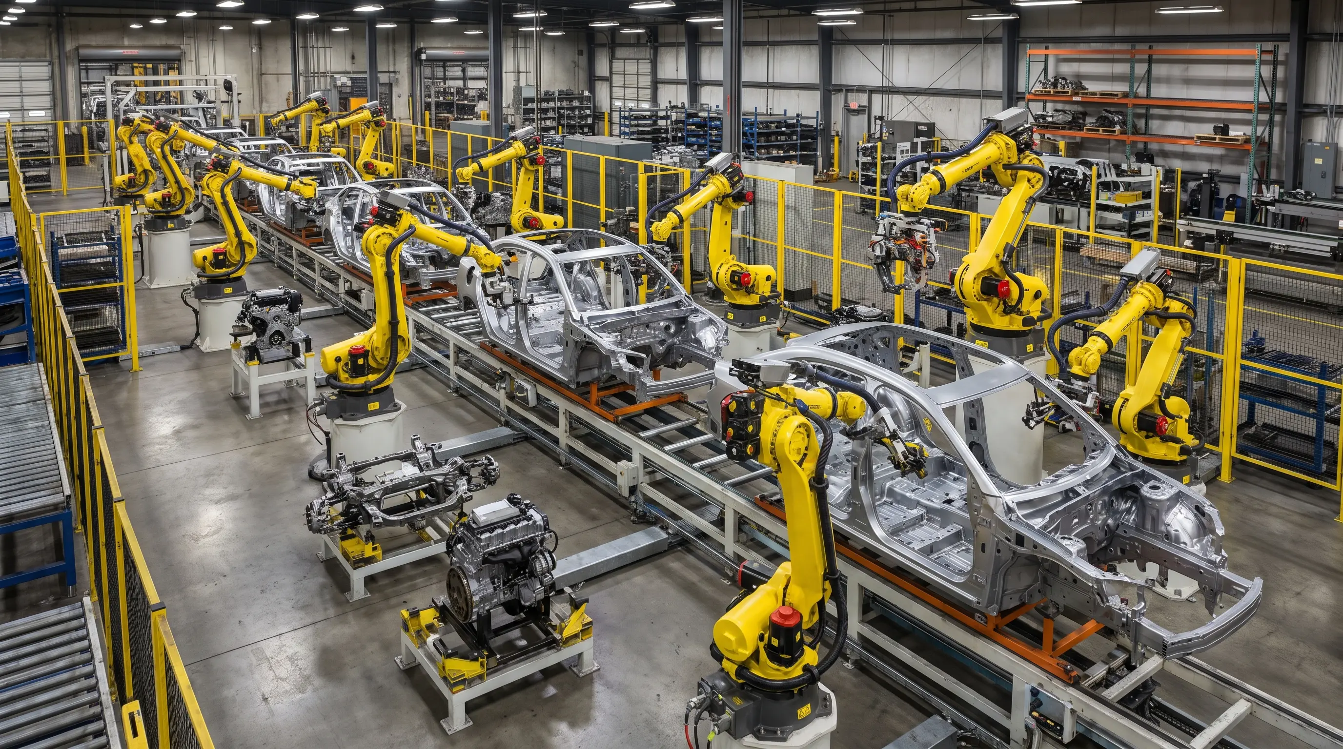 Robotic arms and conveyors assembling individual vehicle frames on a discrete production line.