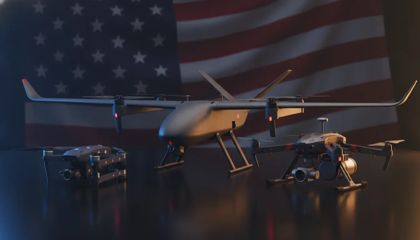 Three drones displayed on reflective surface with blurred American flag backdrop