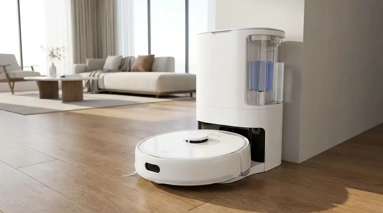 Dual-pad robot mop cleaning a hard floor beside a washing and drying dock in a home office