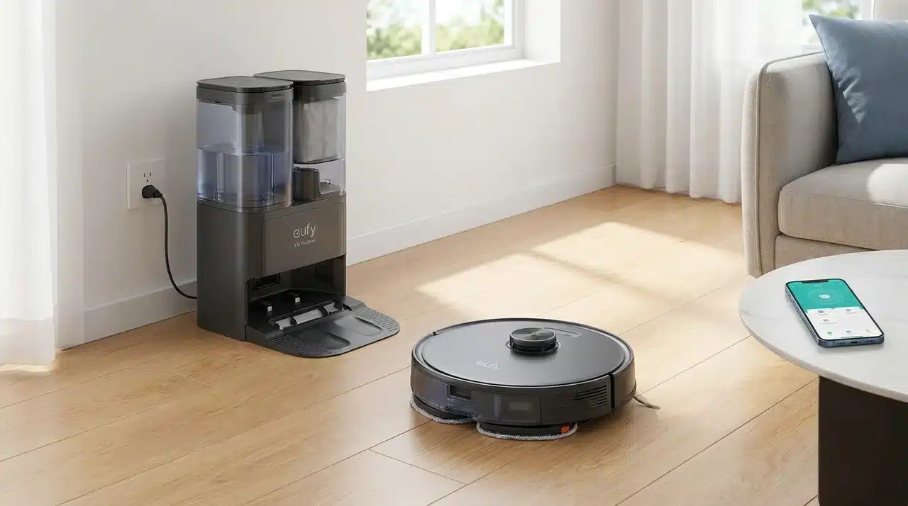 Dual-pad robot mop cleaning beside a low rug with a full-service dock against the wall