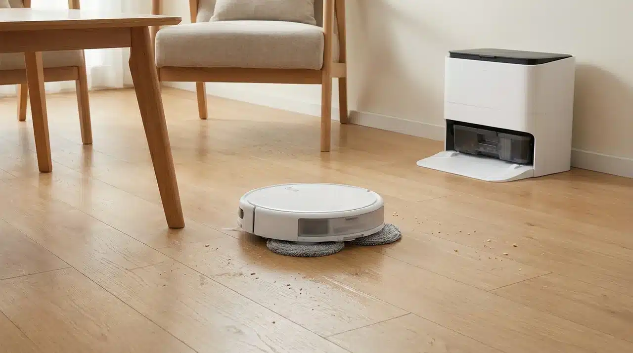 Dual-pad robot mop cleaning light floor marks with a multifunction dock positioned behind it