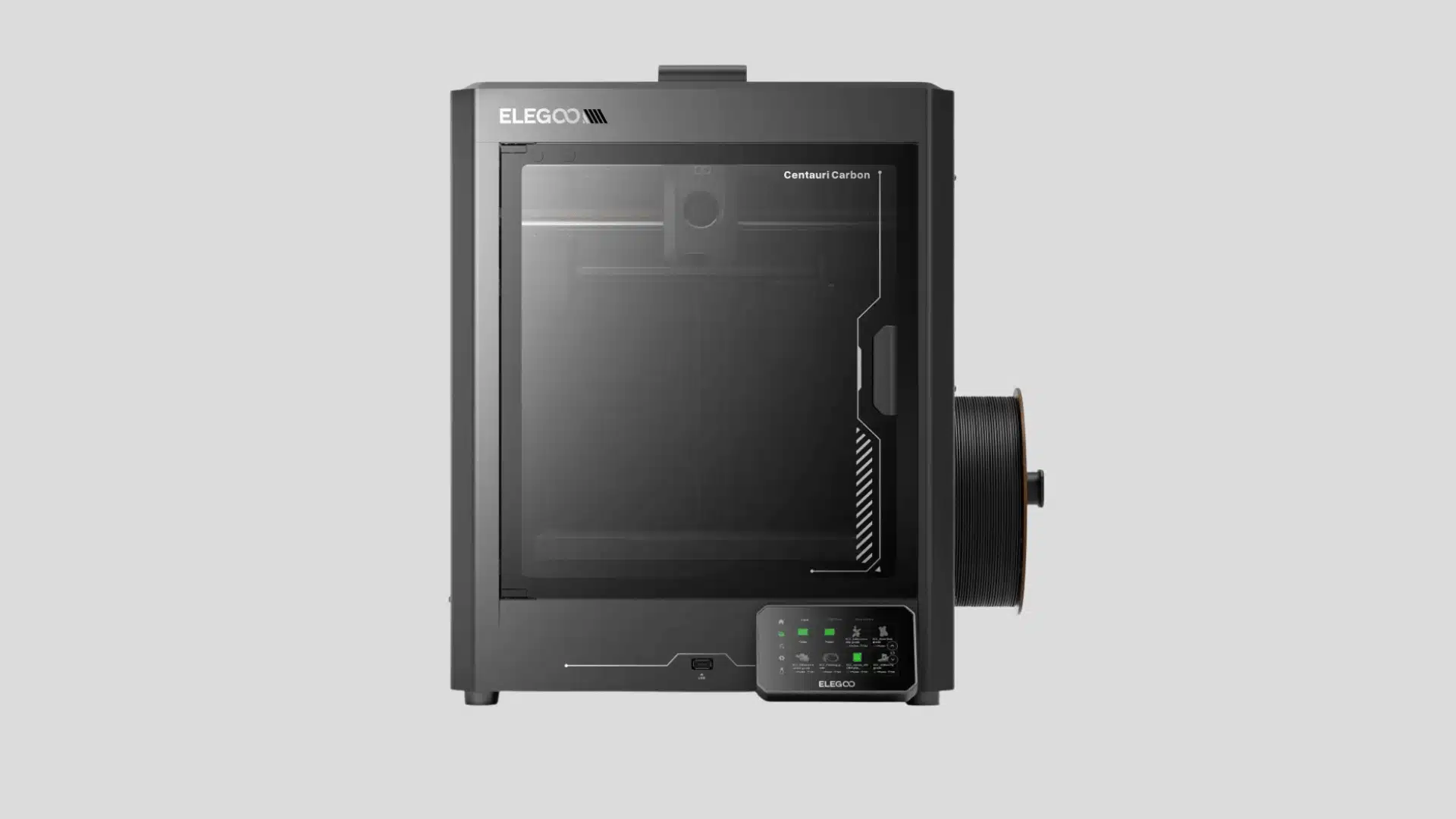 Elegoo Centauri Carbon enclosed 3D printer with side-mounted filament spool and front touchscreen