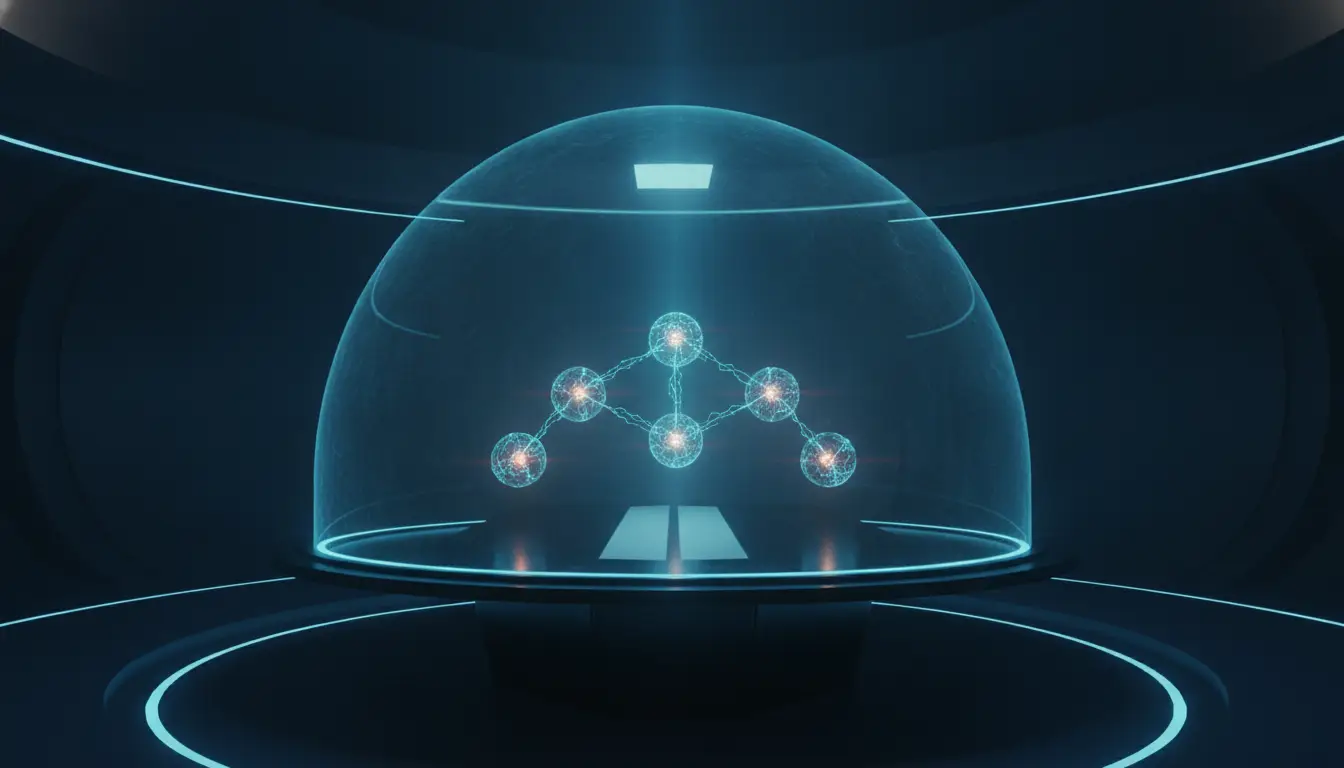 Glowing geometric network inside a transparent dome in a futuristic dark room