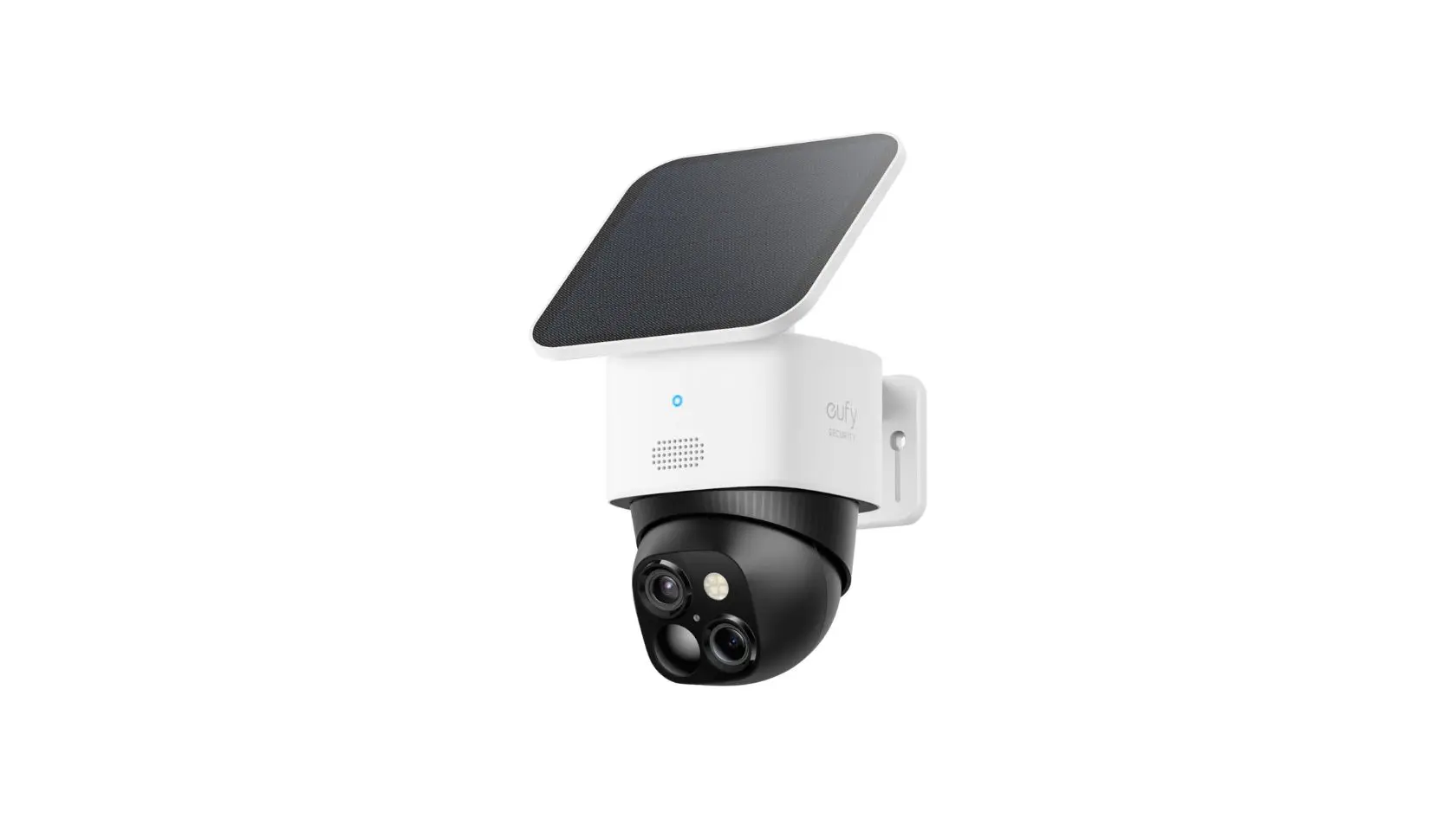 eufy solar security camera with dual lenses and attached solar panel