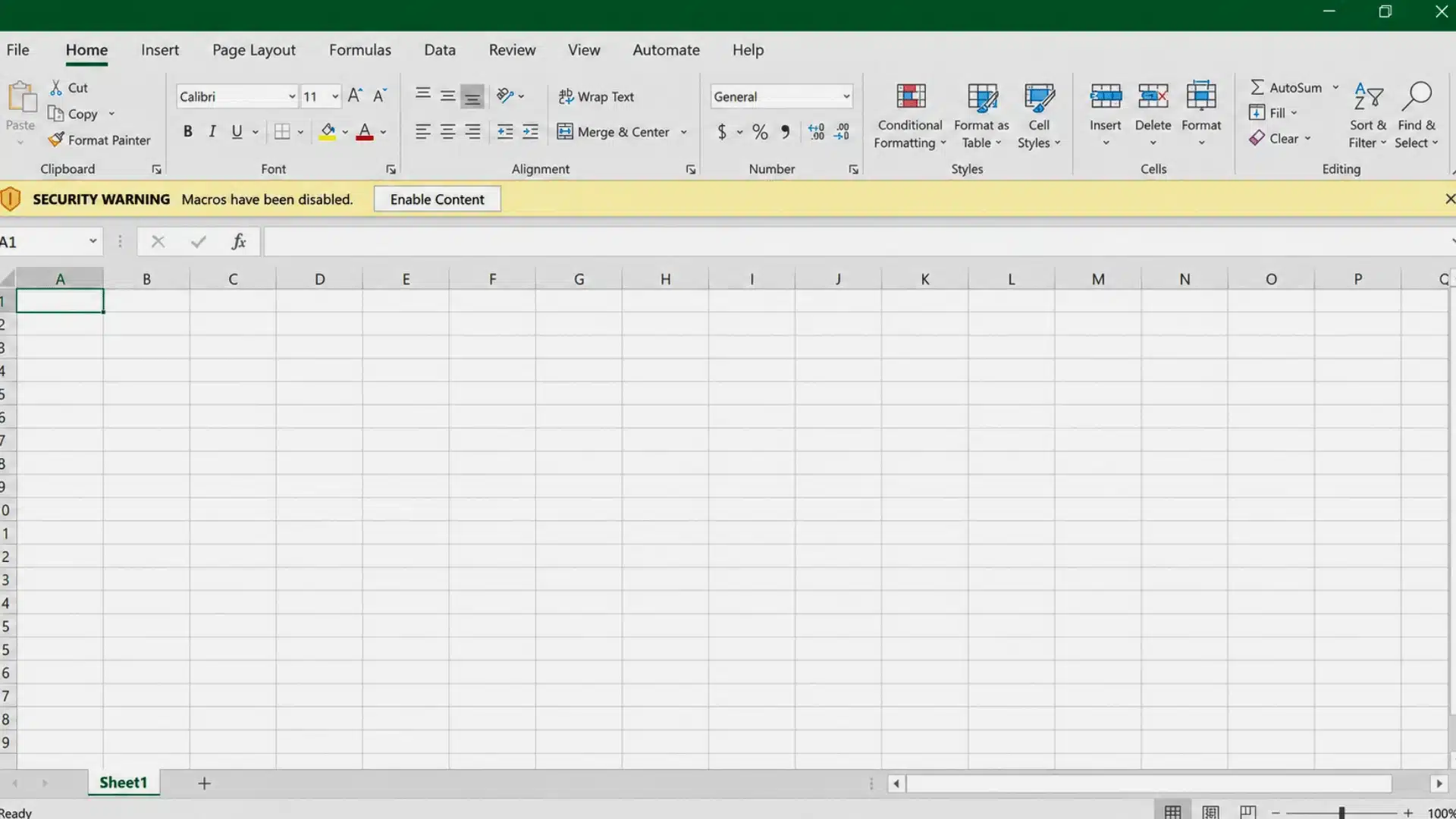 Excel worksheet showing a yellow security warning that macros have been disabled, with an Enable Content button.