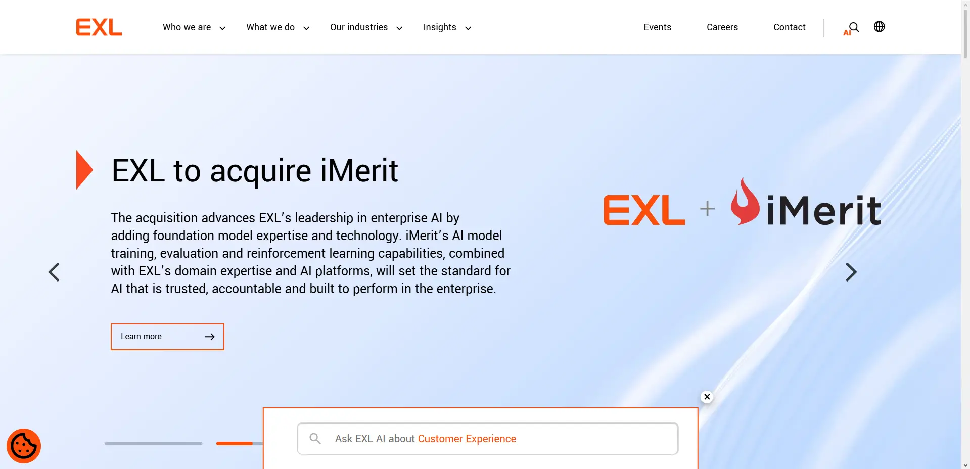 EXL acquisition announcement banner with iMerit logo on light blue background