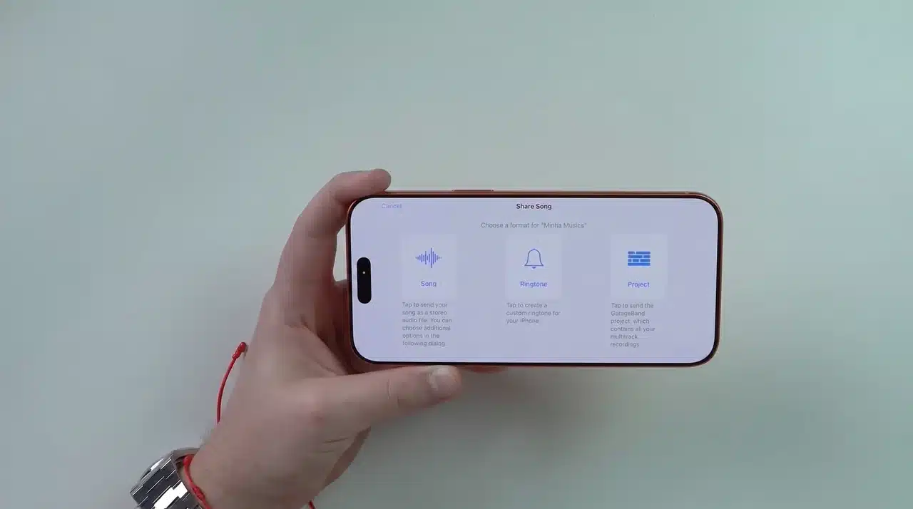GarageBand Share Song menu showing ringtone export option on iPhone
