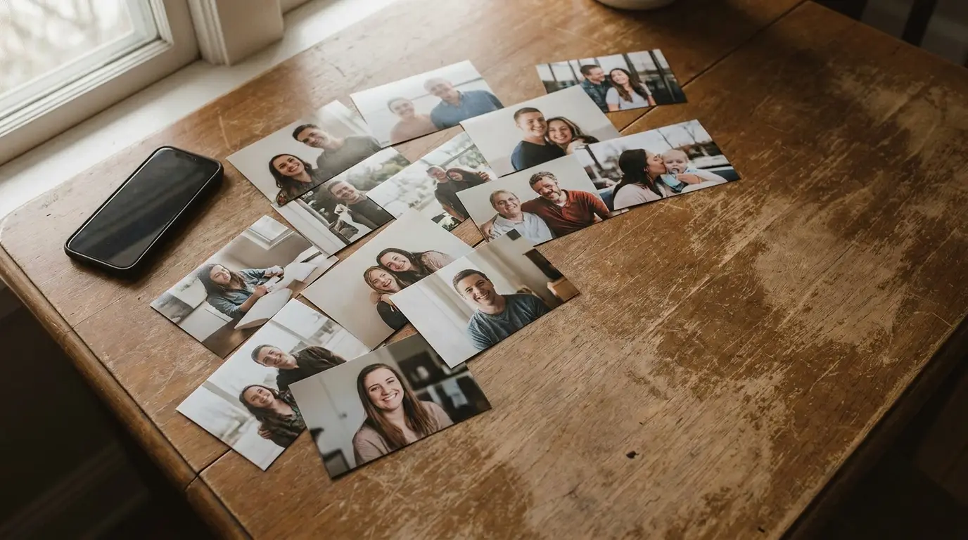 Printed family photos and smartphone on rustic wooden table near window