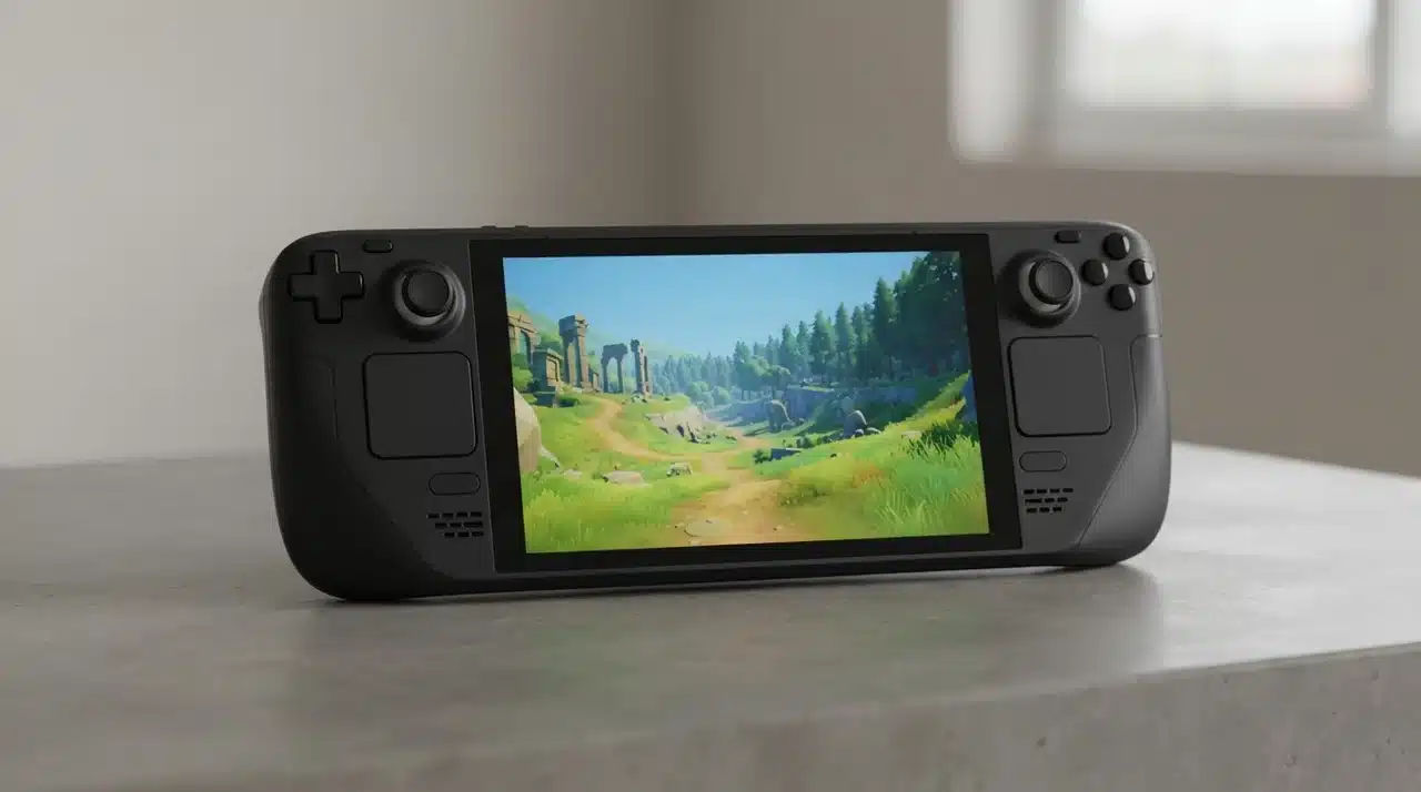 Steam Deck handheld gaming device on a flat surface
