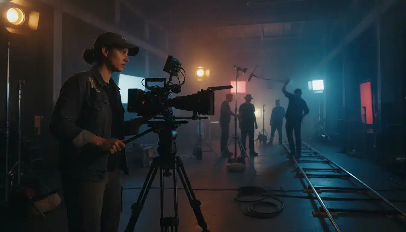 Camerawoman operating film camera on set with crew and equipment in dimly lit studio