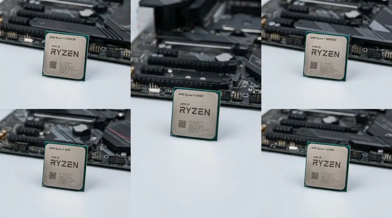 Five AM4 Ryzen processor chips arranged together for CPU comparison