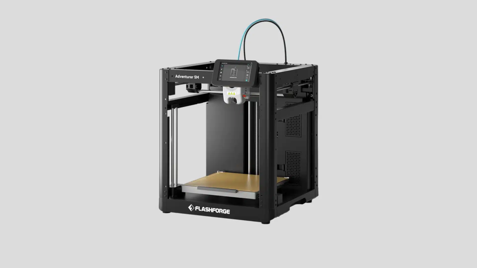FlashForge Adventurer 5M open-frame 3D printer with touchscreen and gold print bed