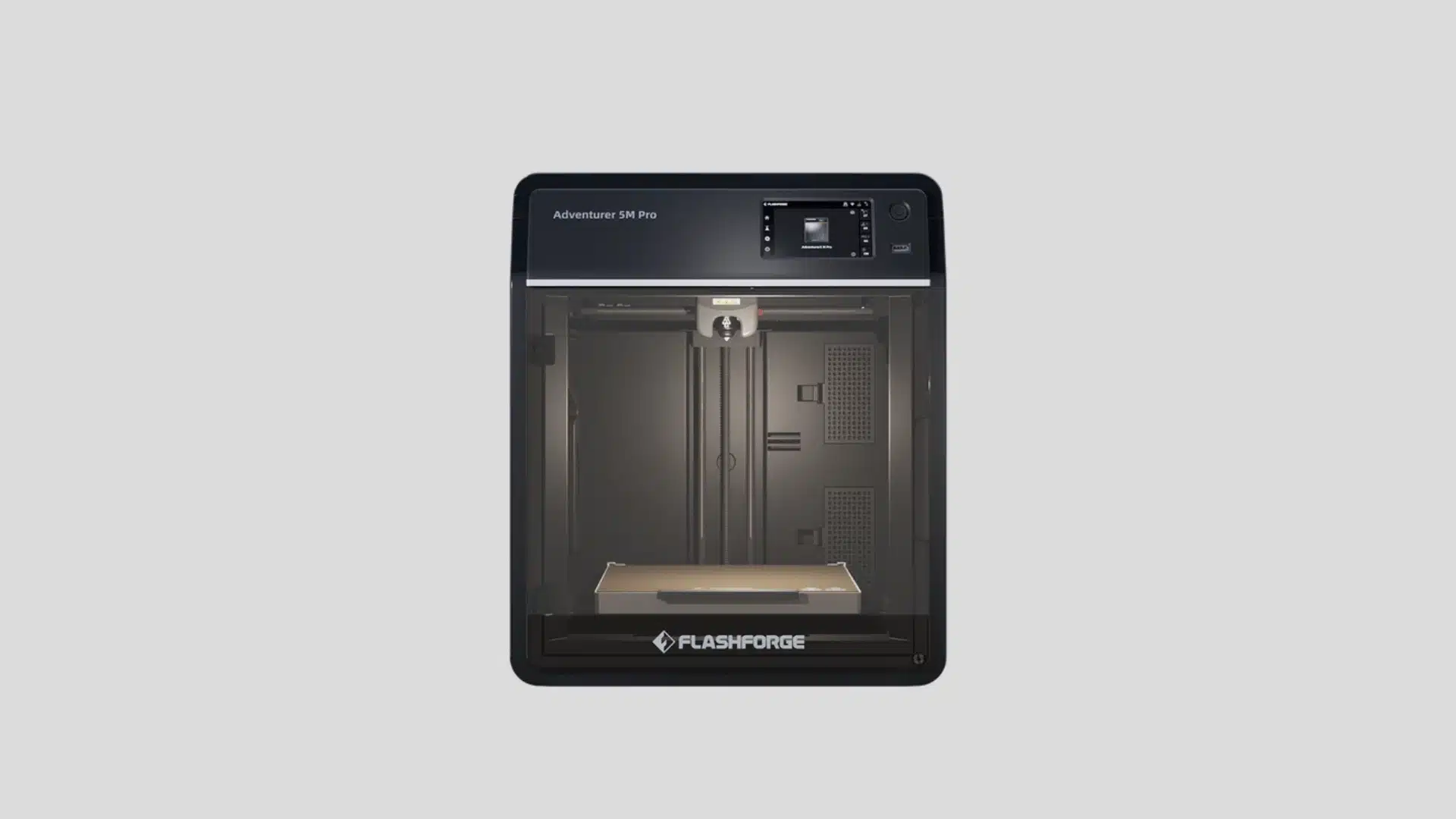 FlashForge Adventurer 5M Pro enclosed 3D printer with touchscreen and empty print bed