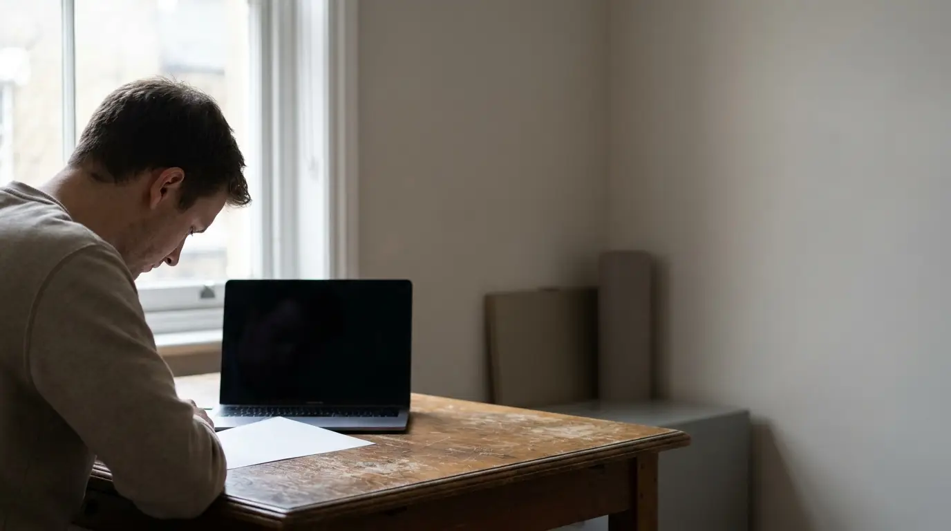 Man writing on paper at wooden desk with closed laptop in quiet room