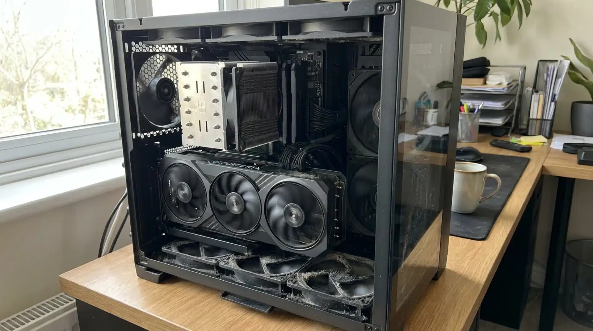 Gaming PC with a graphics card and cooling fans running under load.
